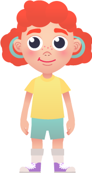 cartoon girl with red hair, wearing a yellow t-shirt and light green shorts